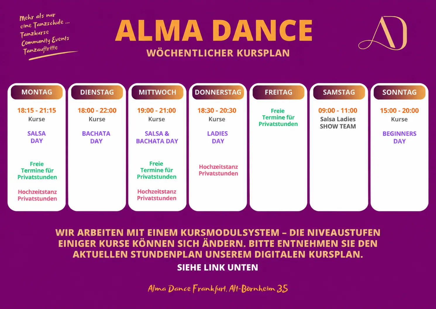 Tanzstundenplan Alma Dance Frankfurt